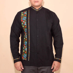 Guayabera Yucateca Negra De Lino Real Modelo Montejo Manga Larga