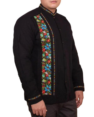 Guayabera Yucateca Negra De Lino Real Modelo Montejo Manga Larga