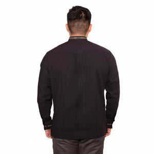 Guayabera Yucateca Negra De Lino Real Modelo Montejo Manga Larga