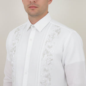 Guayabera Bordada Yucateca Blanca Modelo Colibrí Manga Larga Para Hombre