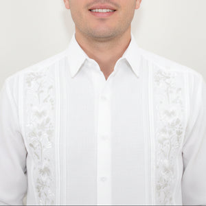 Guayabera Bordada Yucateca Blanca Modelo Colibrí Manga Larga Para Hombre