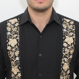 Guayabera Bordada Yucateca Negra Modelo Colibrí Manga Larga Para Hombre
