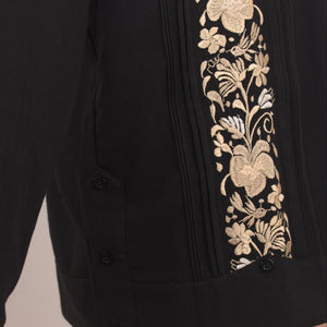 Guayabera Bordada Yucateca Negra Modelo Colibrí Manga Larga Para Hombre