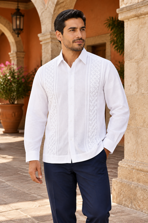 Guayabera Bordada Blanca Manga Larga Para Hombre Modelo Kan
