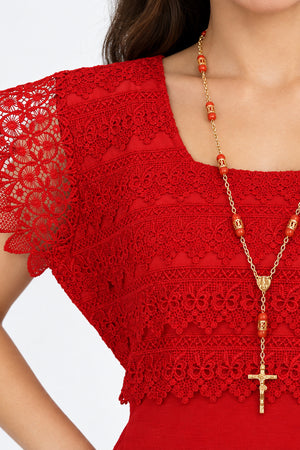 Vestido Rojo Con Encaje Manga Corta Para Mujer