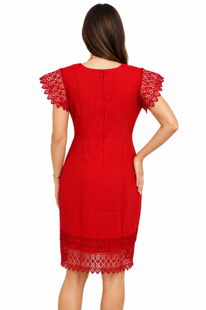 Vestido Rojo Con Encaje Manga Corta Para Mujer