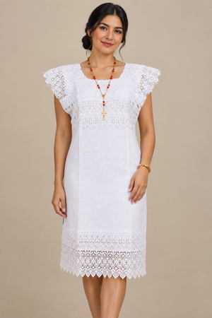 Vestido Blanco Con Encaje Manga Corta Para Mujer