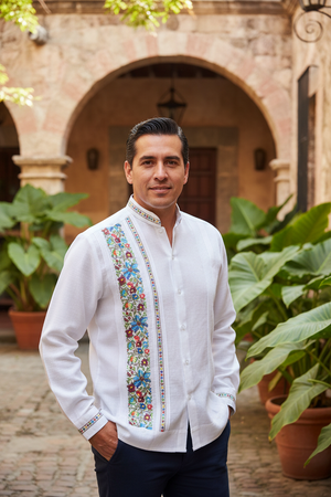 Guayabera Bordada Yucateca Blanca Modelo Montejo Manga Larga para Hombre