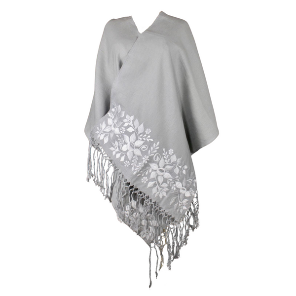 Rebozo Chal Artesanal Gris Oxford 100% Lino Bordado Yucateco a mano 2.1 metros