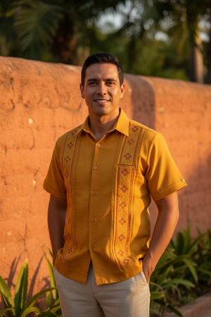 Guayabera Bordada Yucateca Mostaza Modelo Izamal Manga Corta para Hombre
