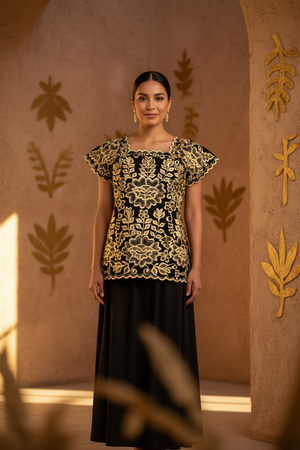 Yucatecan artisanal blouse embroidered black aurora model for women