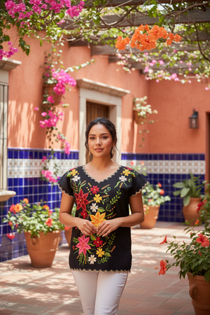 Yucatecan artisanal blouse embroidered navy blue star model for women