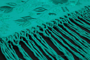 Rebozo Chal Artesanal Verde Jade Lino Bordado Yucateco A Mano Elegante