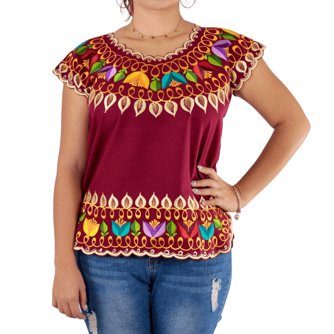 Blusa Yucateca Bordada Vino Lino Modelo ReginaTeya ArtesanalBlusa Yuca