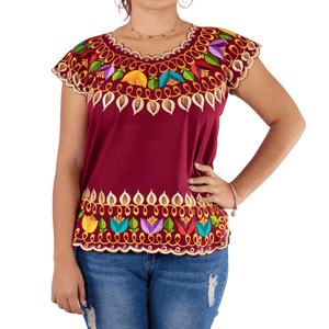 Blusa Yucateca Bordada Vino Lino Modelo Regina