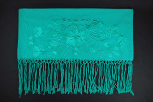 Rebozo Chal Artesanal Verde Jade Lino Bordado Yucateco A Mano Elegante