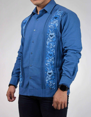 Guayabera Yucateca Azul Acero Lino Modelo Colibrí Manga Larga