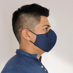 Cubrebocas Azul Triple Capa C/ Filtro Bordado Vertical - Teya Artesanal