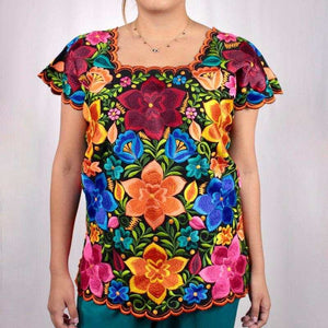 Blusa Bordada Ambos Lados Yucateco Negra Lino Modelo Frida