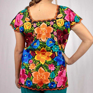 Blusa Bordada Ambos Lados Yucateco Negra Lino Modelo Frida