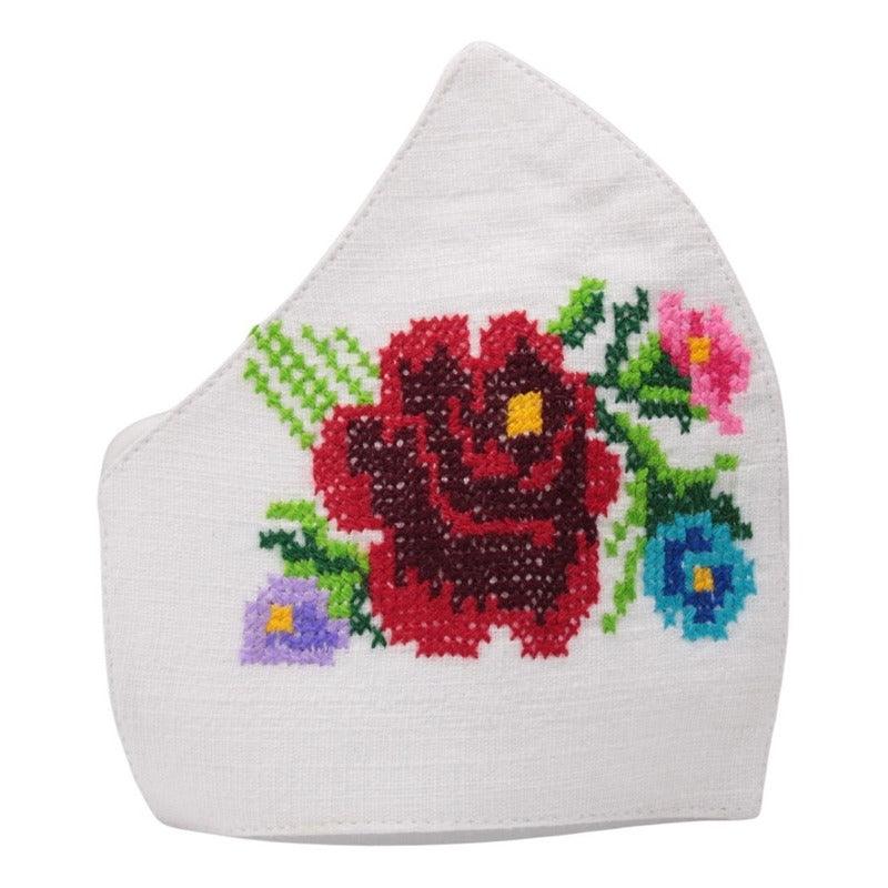 Cubrebocas Artesanal Blanco Bordado A Mano Flor Roja