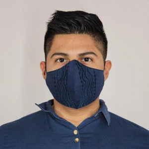 Cubrebocas Azul Triple Capa C/ Filtro Bordado Vertical - Teya Artesanal