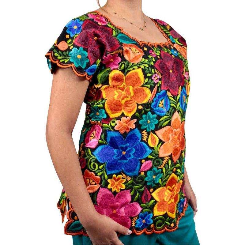 Blusa Bordada Ambos Lados Yucateco Negra Lino Modelo FridaTeya Artesan
