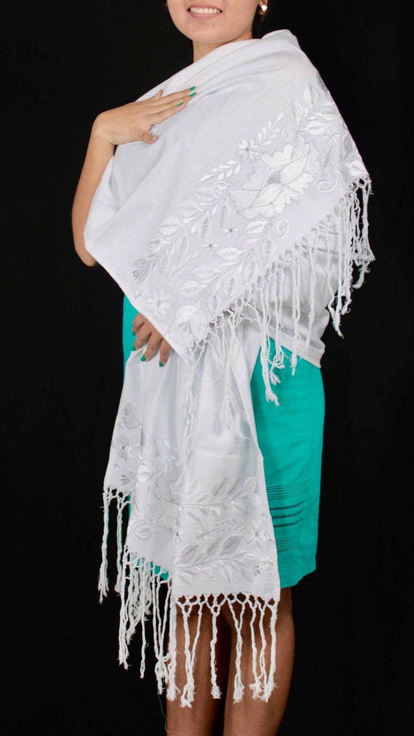 Rebozo Chal Artesanal Blanco Lino Suave Bordado Yucateco A Mano Elegan